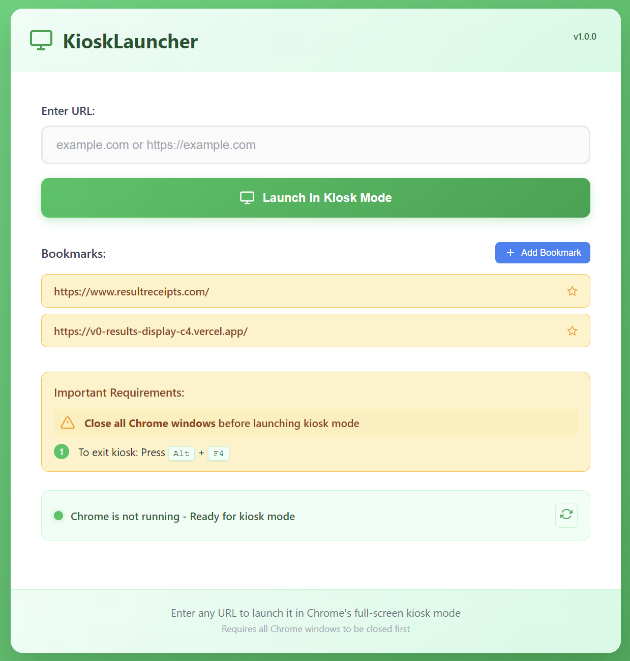 KioskLauncher application interface